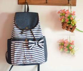 [grhmf2200051]Vintage Navy Striped Bow Backpack