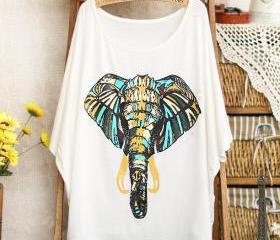 [grhmf26000157]Fashion Elephant Floral Round Neck Short Sleeve T-shirt 