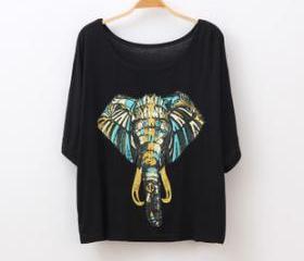 [grhmf26000157]Fashion Elephant Floral Round Neck Short Sleeve T-shirt 