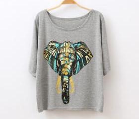 [grhmf26000157]Fashion Elephant Floral Round Neck Short Sleeve T-shirt 
