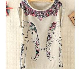 [grhmf26000158]Fashion Elephants Batwing Sleeve T-shirt