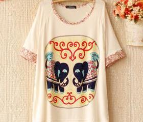 [grhmf26000159]Little Flower Sleeves Elephant Loose T-shirt 
